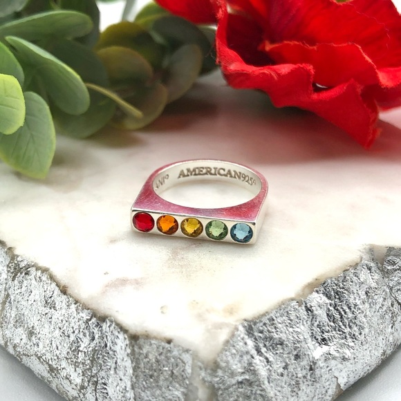 Alex And Ani Sterling Silver Rainbow Crystal Signet Bar Flat Top Rhinestone Ring - Picture 4 of 17